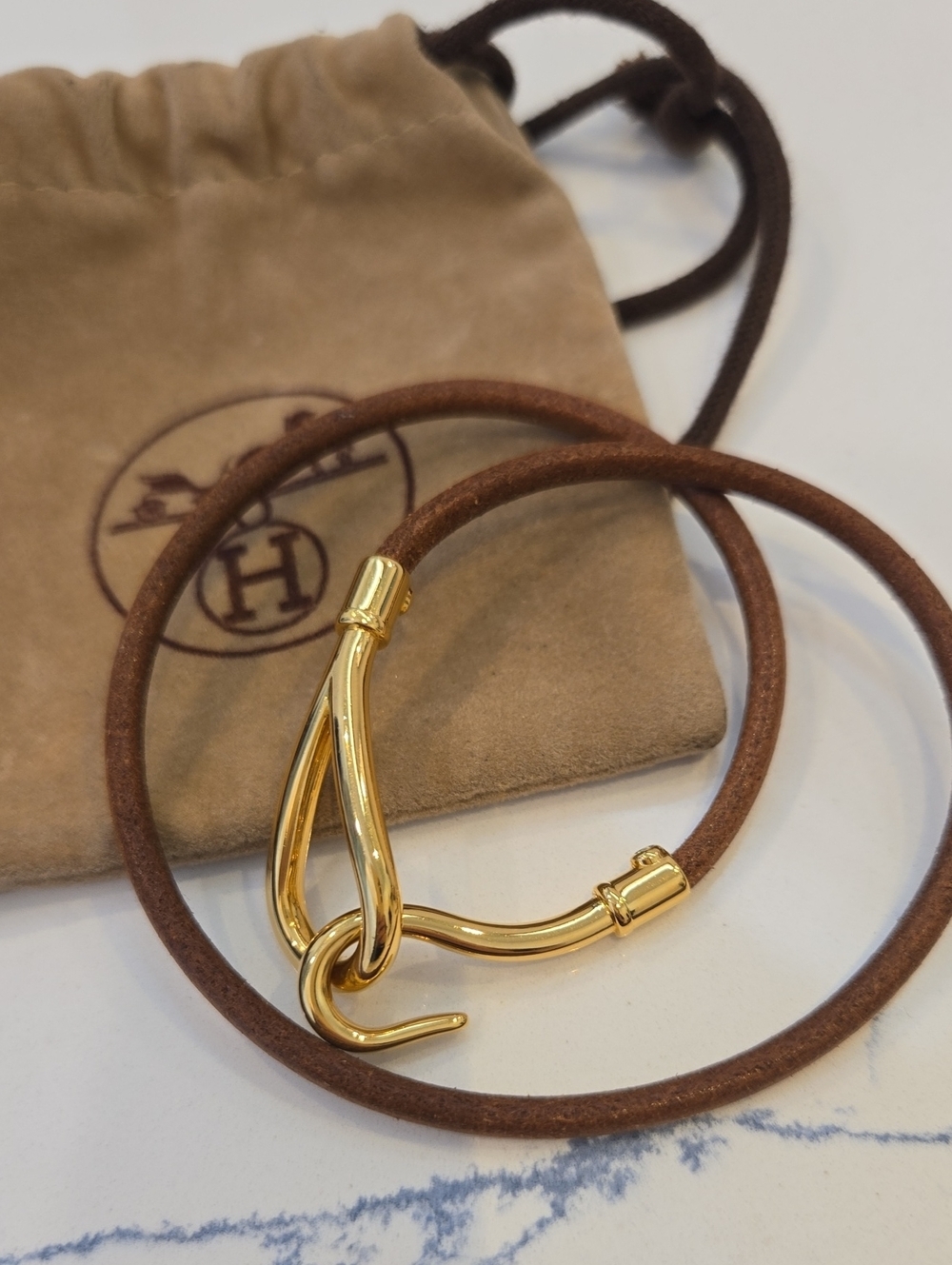 Hermes Gold-Tone Hook Brown Leather Double-Wrap Bracelet, VGUC, Quiet Lux
